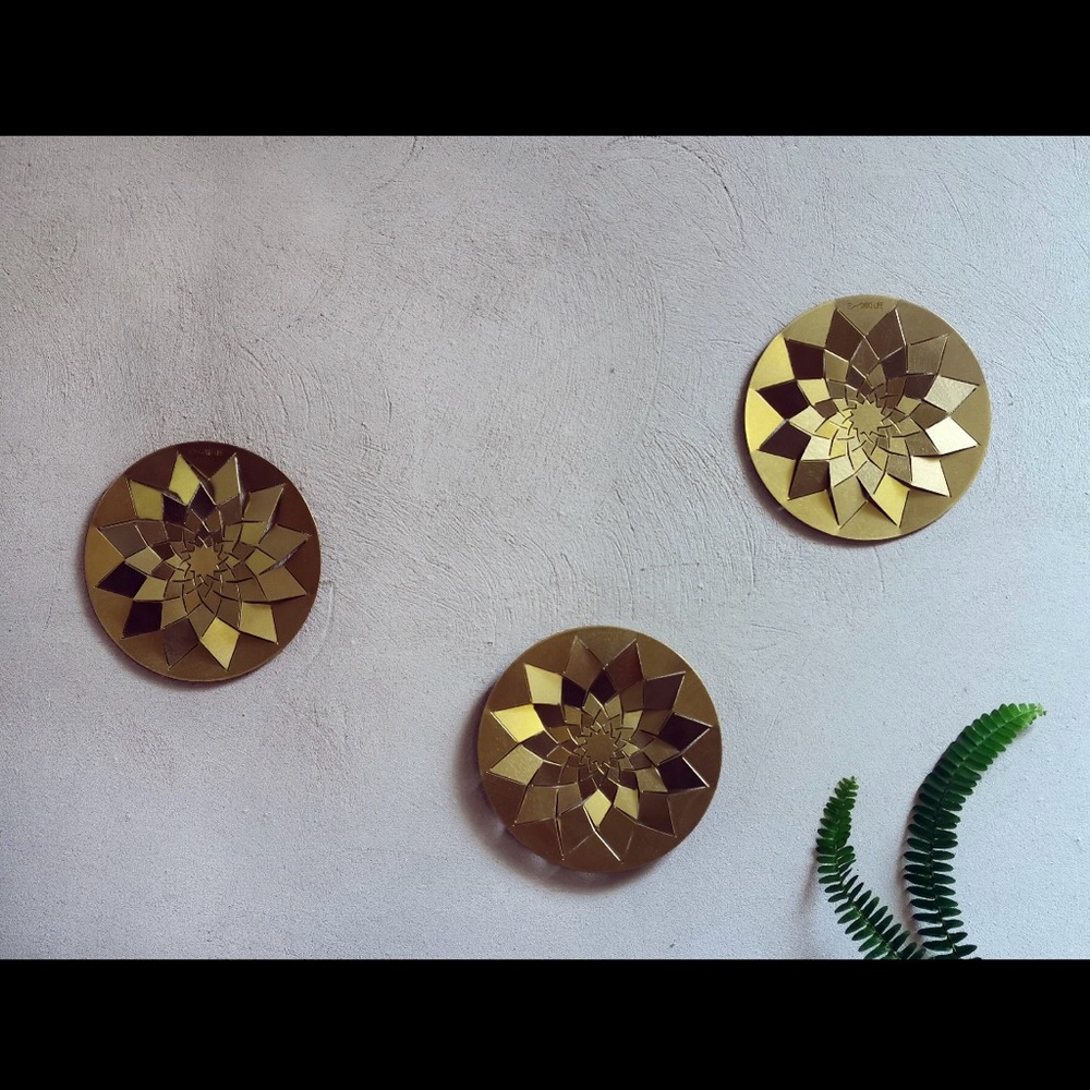 3 part geometry wall decor from brass, 3d origami metal wall art